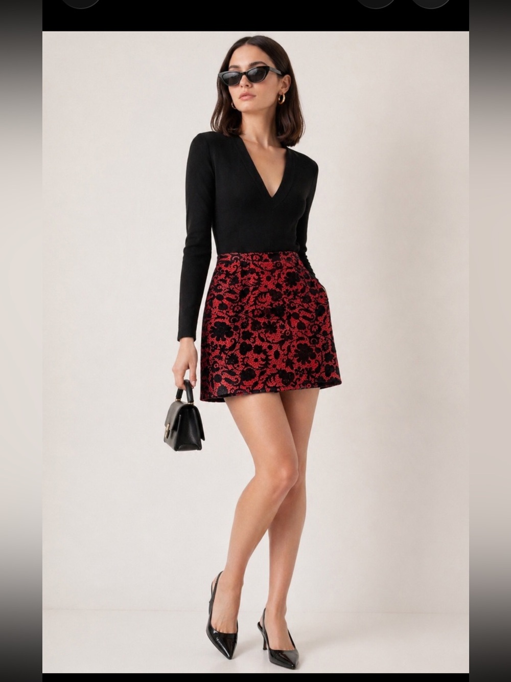 Yves Saint Laurent Encore Red Black Floral Mini Skirt Textured Designer Size 10